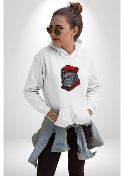 Kırmızı Şapka Maymun Kadın Erkek Beyaz Kapüşonlu Sweatshirt Hoodie fırsatları