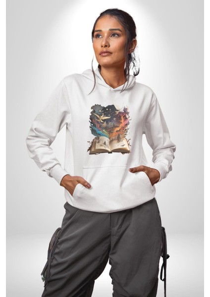 Hikaye Roman Kitabı Gerçekleşti Kadın Erkek Beyaz Kapüşonlu Sweatshirt Hoodie