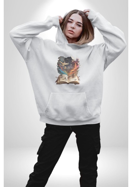 Hikaye Roman Kitabı Gerçekleşti Kadın Erkek Beyaz Kapüşonlu Sweatshirt Hoodie