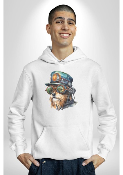 Tren Sürücüsü Gözlüklü Yorkshire Kadın Erkek Beyaz Kapüşonlu Sweatshirt Hoodie