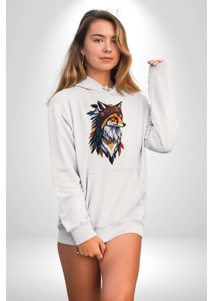 Kızılderili Tilki  Kadın Erkek  Beyaz Kapüşonlu Sweatshirt Hoodie