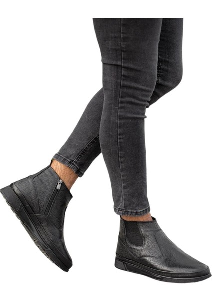 Erkek Hakiki Deri İçi Kürklü Fermuarlı Lastik Detaylı Bot SİYAH