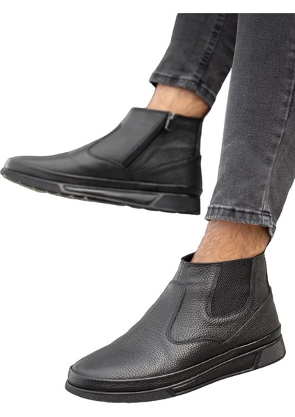 Erkek Hakiki Deri İçi Kürklü Fermuarlı Lastik Detaylı Bot SİYAH