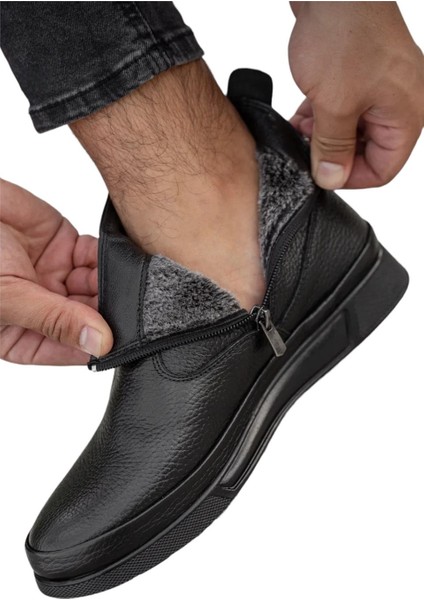 Erkek Hakiki Deri İçi Kürklü Fermuarlı Lastik Detaylı Bot SİYAH