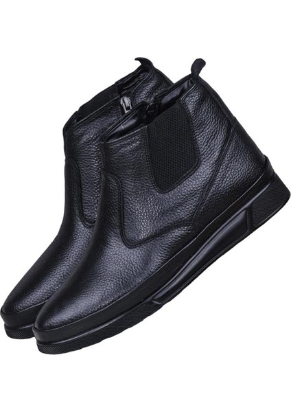 Erkek Hakiki Deri İçi Kürklü Fermuarlı Lastik Detaylı Bot SİYAH