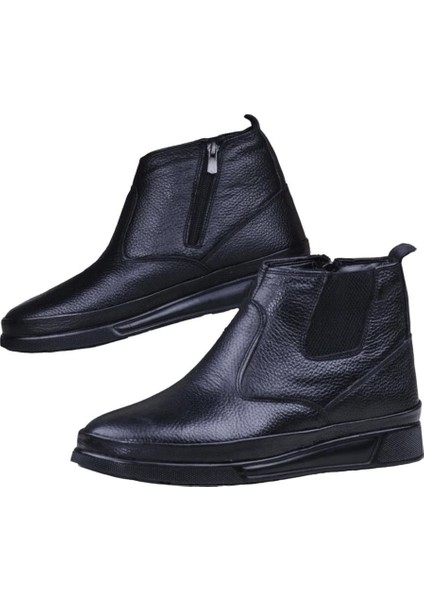 Erkek Hakiki Deri İçi Kürklü Fermuarlı Lastik Detaylı Bot SİYAH