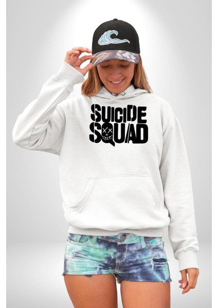 Suicide Squad  Kadın Erkek  Beyaz Kapüşonlu Sweatshirt Hoodie