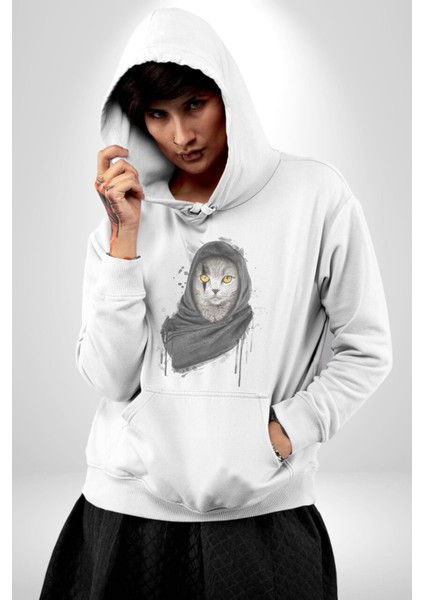 Safari Kedi Şal Eşarp Kadın Erkek Beyaz Kapüşonlu Sweatshirt Hoodie