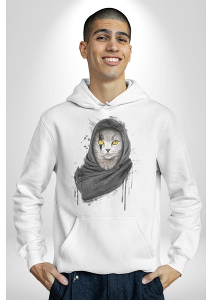 Safari Kedi Şal Eşarp Kadın Erkek Beyaz Kapüşonlu Sweatshirt Hoodie fiyatları