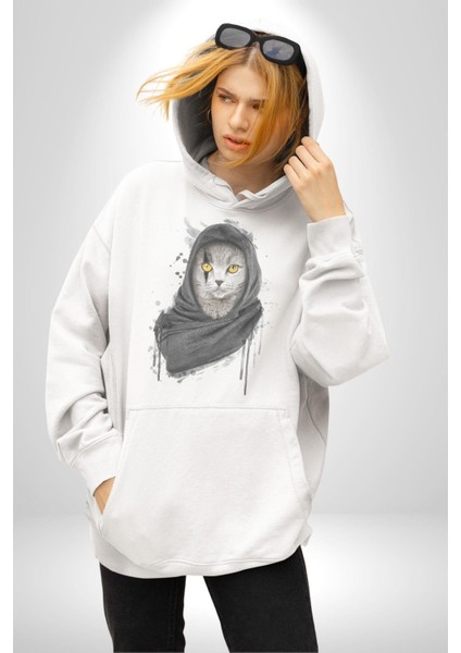 Safari Kedi Şal Eşarp Kadın Erkek Beyaz Kapüşonlu Sweatshirt Hoodie modelleri