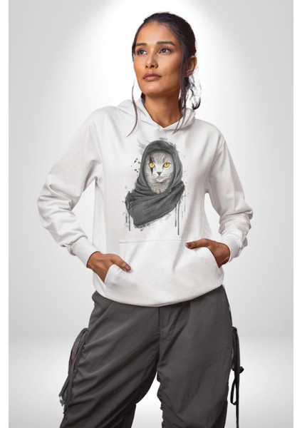 Safari Kedi Şal Eşarp Kadın Erkek Beyaz Kapüşonlu Sweatshirt Hoodie fırsatları