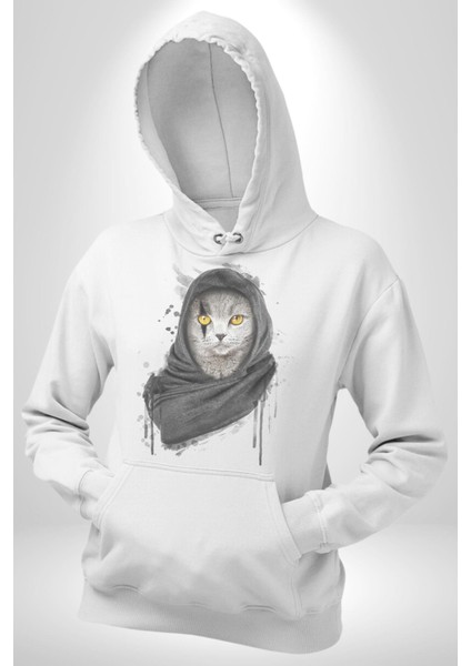 Safari Kedi Şal Eşarp Kadın Erkek Beyaz Kapüşonlu Sweatshirt Hoodie indirimleri