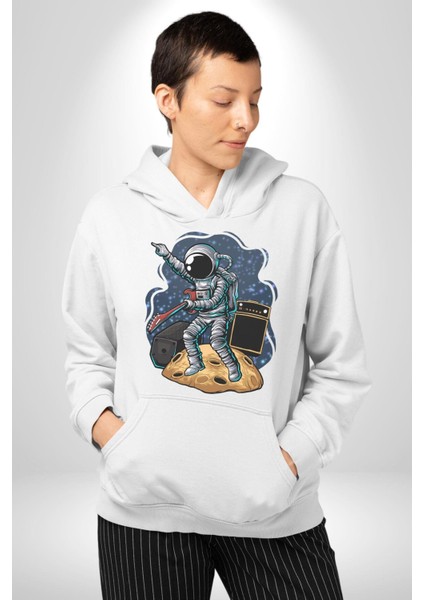 Gitar Astronot Müzik Uzay Kadın Erkek Beyaz Kapüşonlu Sweatshirt Hoodie fiyatları