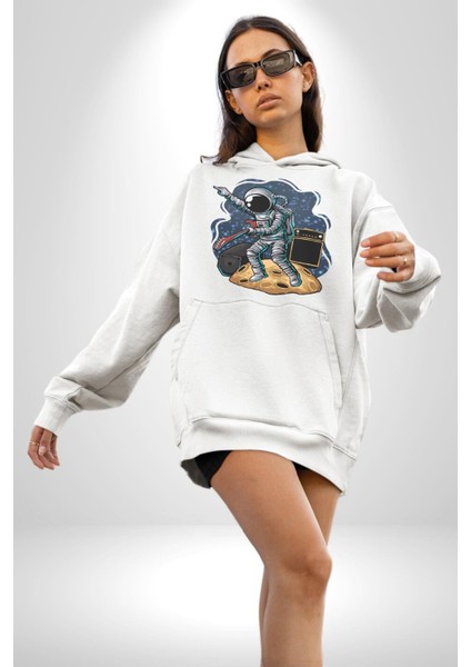 Gitar Astronot Müzik Uzay Kadın Erkek Beyaz Kapüşonlu Sweatshirt Hoodie modelleri