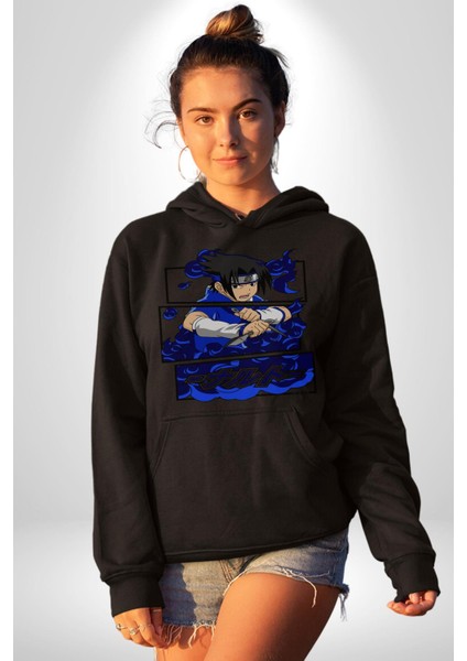 Sasuke Uchiha Anime Kadın Erkek  Siyah Kapüşonlu Sweatshirt Hoodie