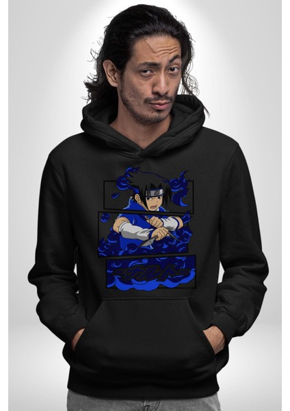 Sasuke Uchiha Anime Kadın Erkek  Siyah Kapüşonlu Sweatshirt Hoodie