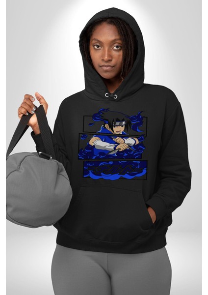 Sasuke Uchiha Anime Kadın Erkek  Siyah Kapüşonlu Sweatshirt Hoodie