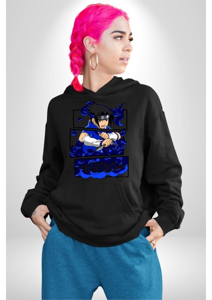 Sasuke Uchiha Anime Kadın Erkek  Siyah Kapüşonlu Sweatshirt Hoodie