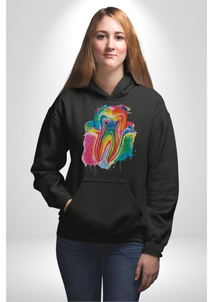 Diş Doktoru Diş Anatomisi Özel Tasarım Kadın Erkek Siyah Kapüşonlu Sweatshirt Hoodie
