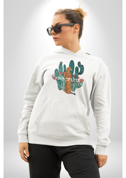 Kaktüs Çita Kadın Erkek Beyaz Kapüşonlu Sweatshirt Hoodie