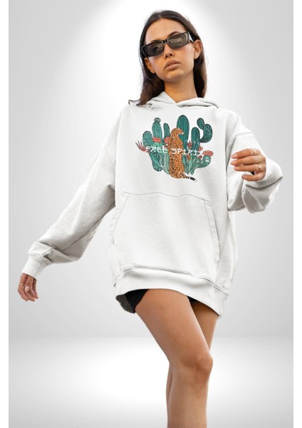 Kaktüs Çita Kadın Erkek Beyaz Kapüşonlu Sweatshirt Hoodie modelleri
