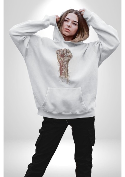 Işci Bayramı Simgesi Kadın Erkek Beyaz Kapüşonlu Sweatshirt Hoodie