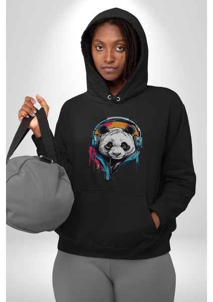 Kulaklık Ayı Panda Kadın Erkek Siyah Kapüşonlu Sweatshirt Hoodie fırsatları