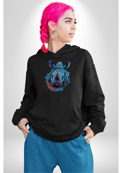 Su Aygırı Hipopotamo Renkli Kadın Erkek Siyah Kapüşonlu Sweatshirt Hoodie