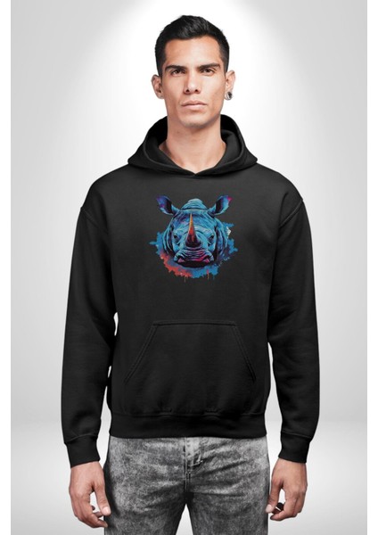Su Aygırı Hipopotamo Renkli Kadın Erkek Siyah Kapüşonlu Sweatshirt Hoodie