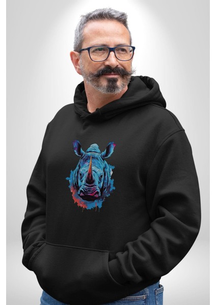 Su Aygırı Hipopotamo Renkli Kadın Erkek Siyah Kapüşonlu Sweatshirt Hoodie