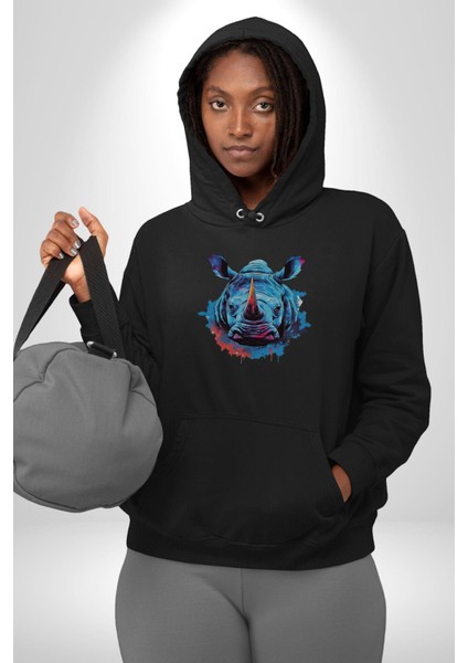 Su Aygırı Hipopotamo Renkli Kadın Erkek Siyah Kapüşonlu Sweatshirt Hoodie