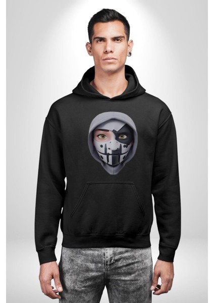 Maske Takan Kahraman Kafası Kadın Erkek Siyah Kapüşonlu Sweatshirt Hoodie