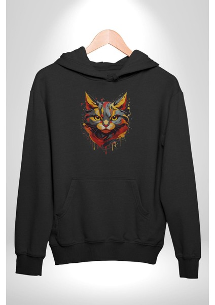Sarı Kırmızı Kedi Boyalı Kadın Erkek Siyah Kapüşonlu Sweatshirt Hoodie