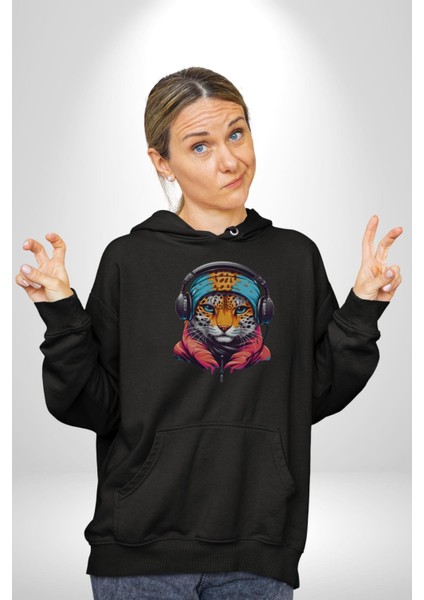 Kulaklık Kedi Leopar Bandana Kadın Erkek Siyah Kapüşonlu Sweatshirt Hoodie