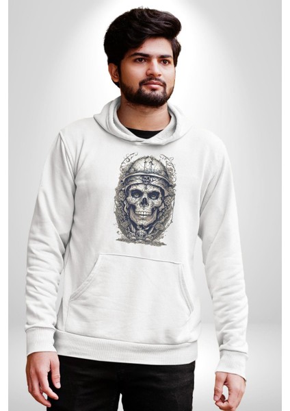 Kask Miğfer Iskelet Asker Kadın Erkek Beyaz Kapüşonlu Sweatshirt Hoodie
