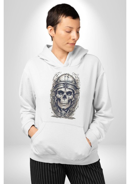 Kask Miğfer Iskelet Asker Kadın Erkek Beyaz Kapüşonlu Sweatshirt Hoodie fiyatları