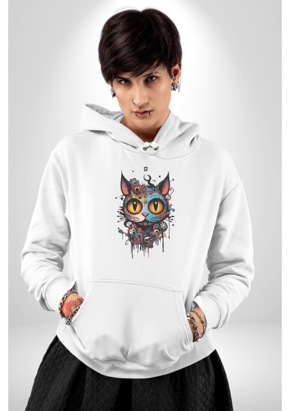 Meksikalı Alebrije Kedi Fütüristik Kedi Kadın Erkek Beyaz Kapüşonlu Sweatshirt Hoodie