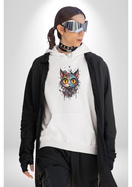 Meksikalı Alebrije Kedi Fütüristik Kedi Kadın Erkek Beyaz Kapüşonlu Sweatshirt Hoodie modelleri