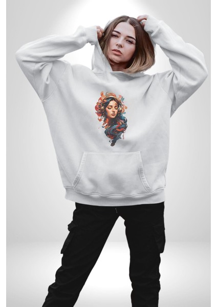Müzik Dinleyen Kulaklık Yaprak Saçlı Renkli Kadın Erkek Beyaz Kapüşonlu Sweatshirt Hoodie fırsatları