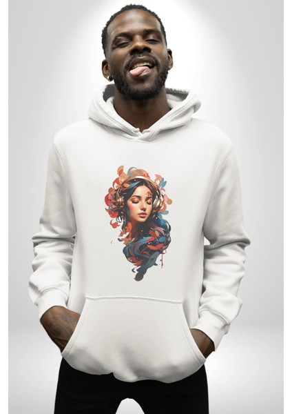 Müzik Dinleyen Kulaklık Yaprak Saçlı Renkli Kadın Erkek Beyaz Kapüşonlu Sweatshirt Hoodie indirimleri
