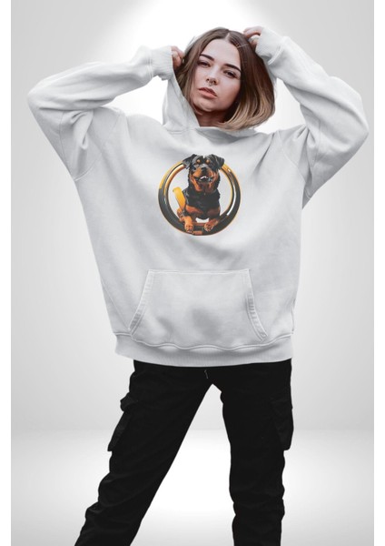 Süper Tasma Rottweiler Eğitim Kadın Erkek Beyaz Kapüşonlu Sweatshirt Hoodie modelleri