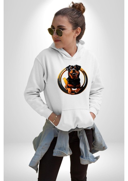 Süper Tasma Rottweiler Eğitim Kadın Erkek Beyaz Kapüşonlu Sweatshirt Hoodie indirimleri