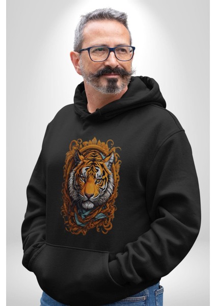 Kaplan Süs Kadın Erkek Siyah Kapüşonlu Sweatshirt Hoodie