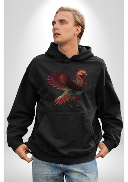 Anka Kuşu Ateş Kuşu Kadın Erkek Siyah Kapüşonlu Sweatshirt Hoodie