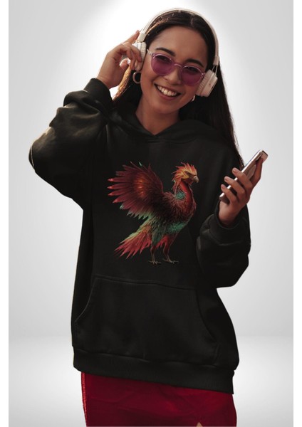 Anka Kuşu Ateş Kuşu Kadın Erkek Siyah Kapüşonlu Sweatshirt Hoodie