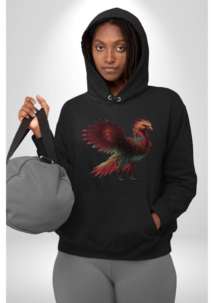 Anka Kuşu Ateş Kuşu Kadın Erkek Siyah Kapüşonlu Sweatshirt Hoodie