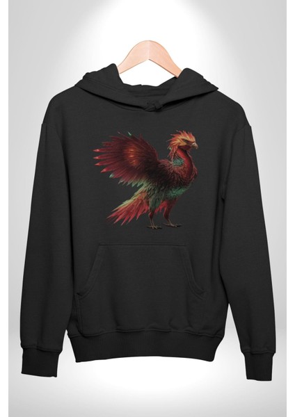 Anka Kuşu Ateş Kuşu Kadın Erkek Siyah Kapüşonlu Sweatshirt Hoodie