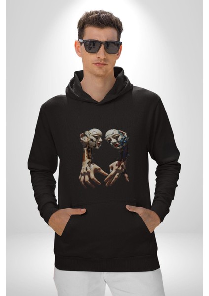 Yüz Yüze Ellerin Uyumu Kadın Erkek Siyah Kapüşonlu Sweatshirt Hoodie