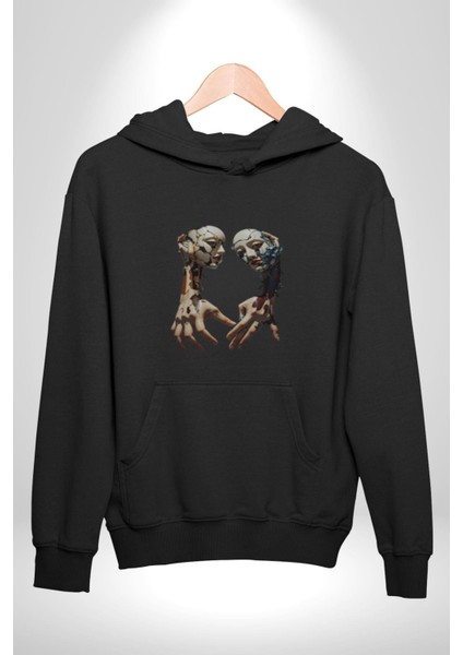 Yüz Yüze Ellerin Uyumu Kadın Erkek Siyah Kapüşonlu Sweatshirt Hoodie indirimleri