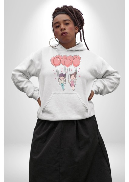 Sevgili Balon Aşk Salıncak Sevgililer Günü Kadın Erkek Beyaz Kapüşonlu Sweatshirt Hoodie